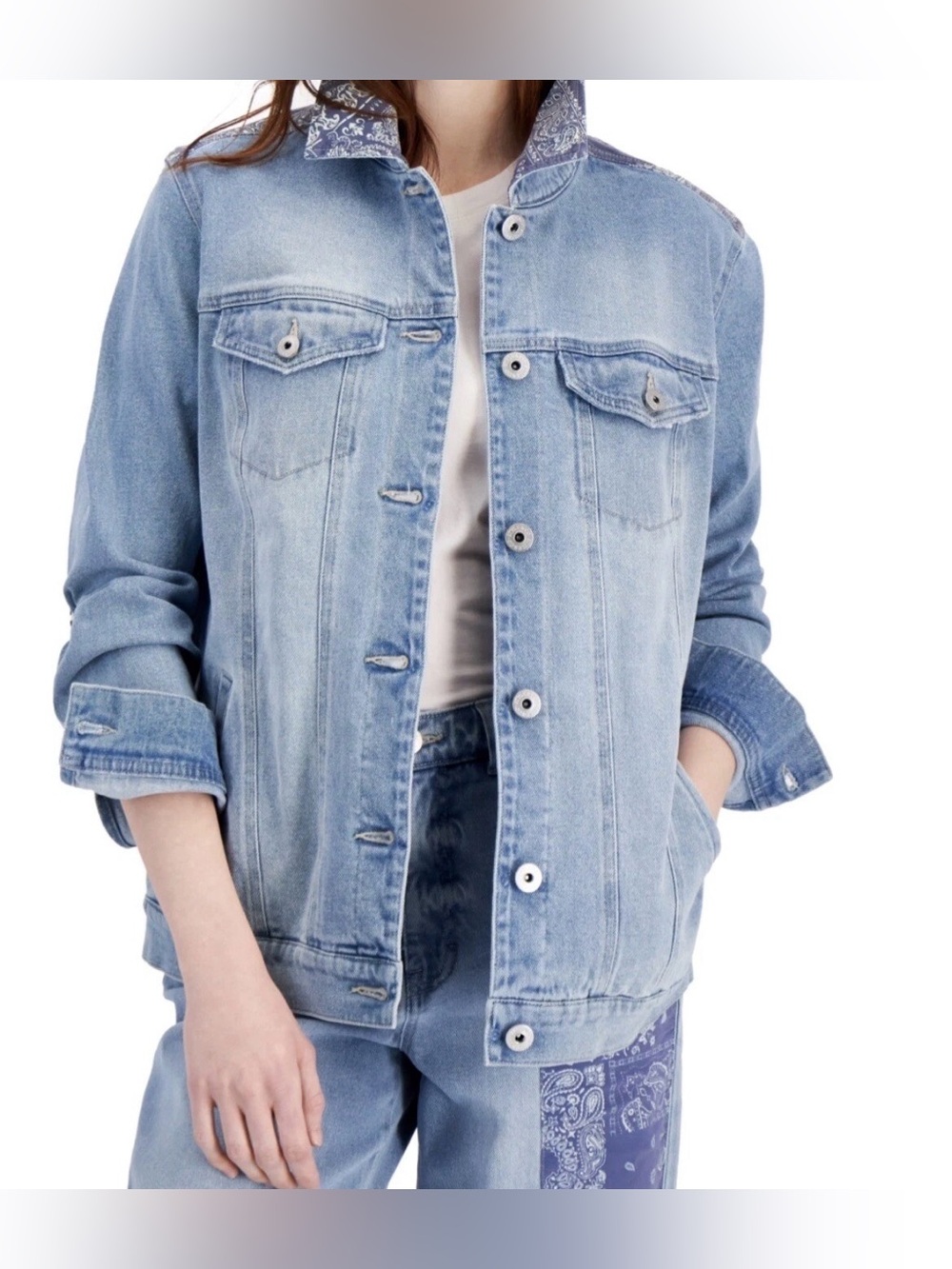 Style & Co Denim Trucker Jacket Bandana Rose, Medium, MSRP $59.50